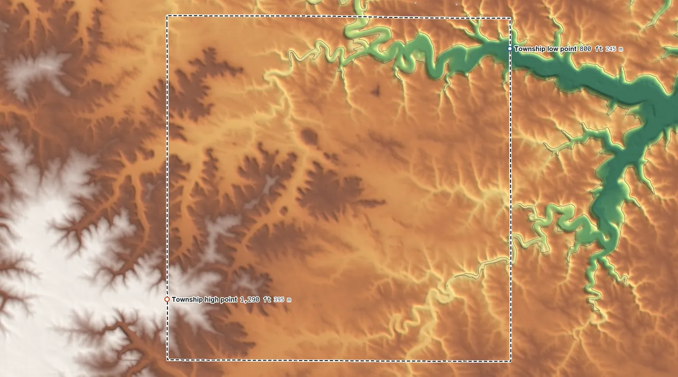 Topographic elevation map of Quincy Township, Minnesota, shaded from 800 ft on the northeast side to 1,290 ft on the southwest side