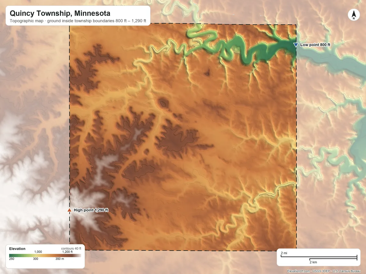 Topographic elevation map of Quincy Township, Minnesota, shaded from 800 ft on the northeast side to 1,290 ft on the southwest side
