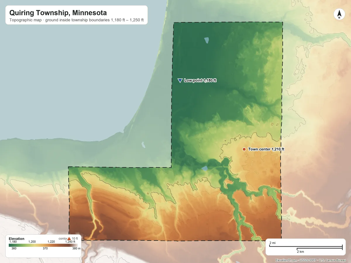 Topographic elevation map of Quiring Township, Minnesota, shaded from 1,180 ft on the northwest side to 1,250 ft on the southwest side