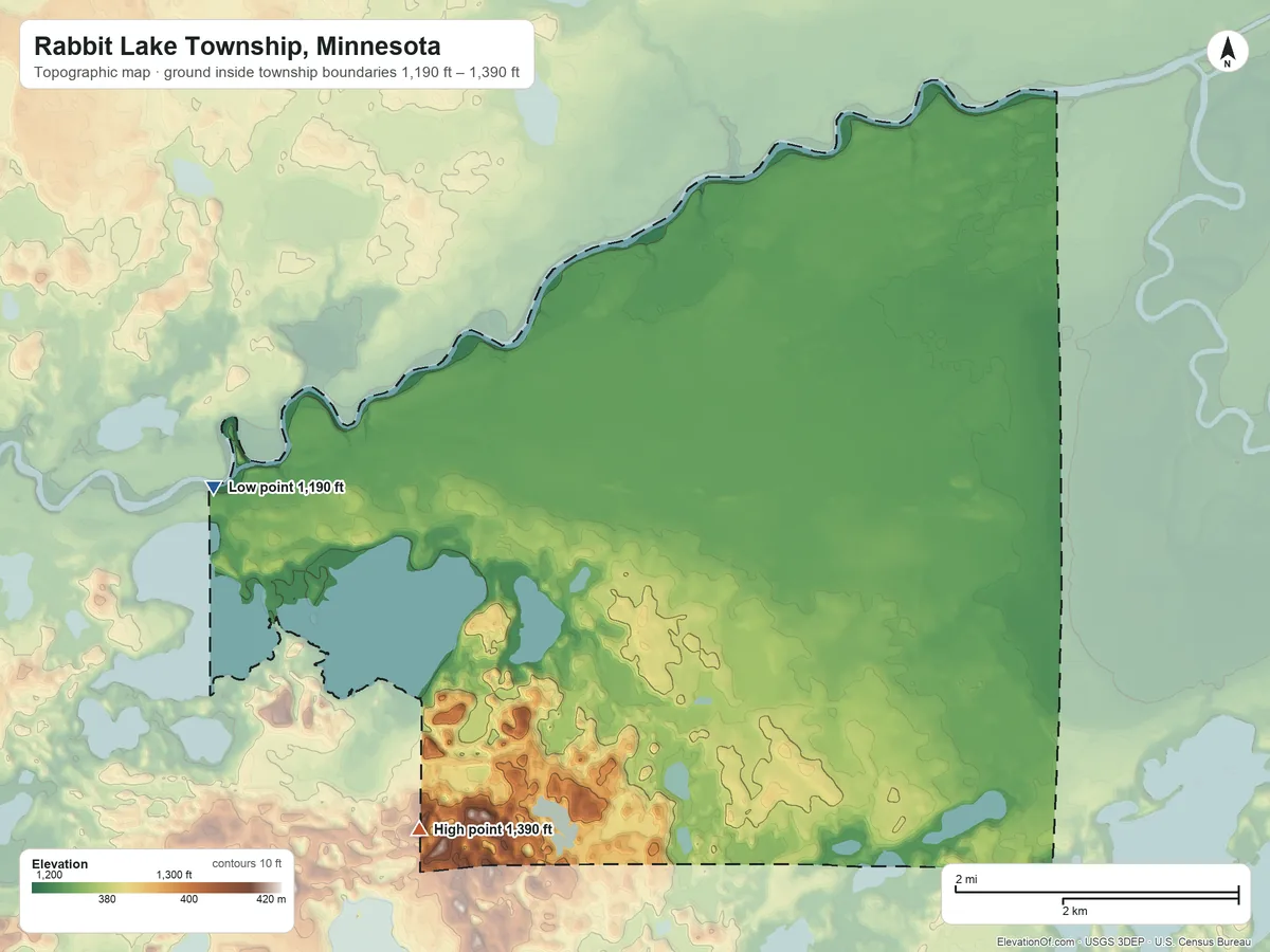 Topographic elevation map of Rabbit Lake Township, Minnesota, shaded from 1,190 ft on the northwest side to 1,390 ft on the southwest side