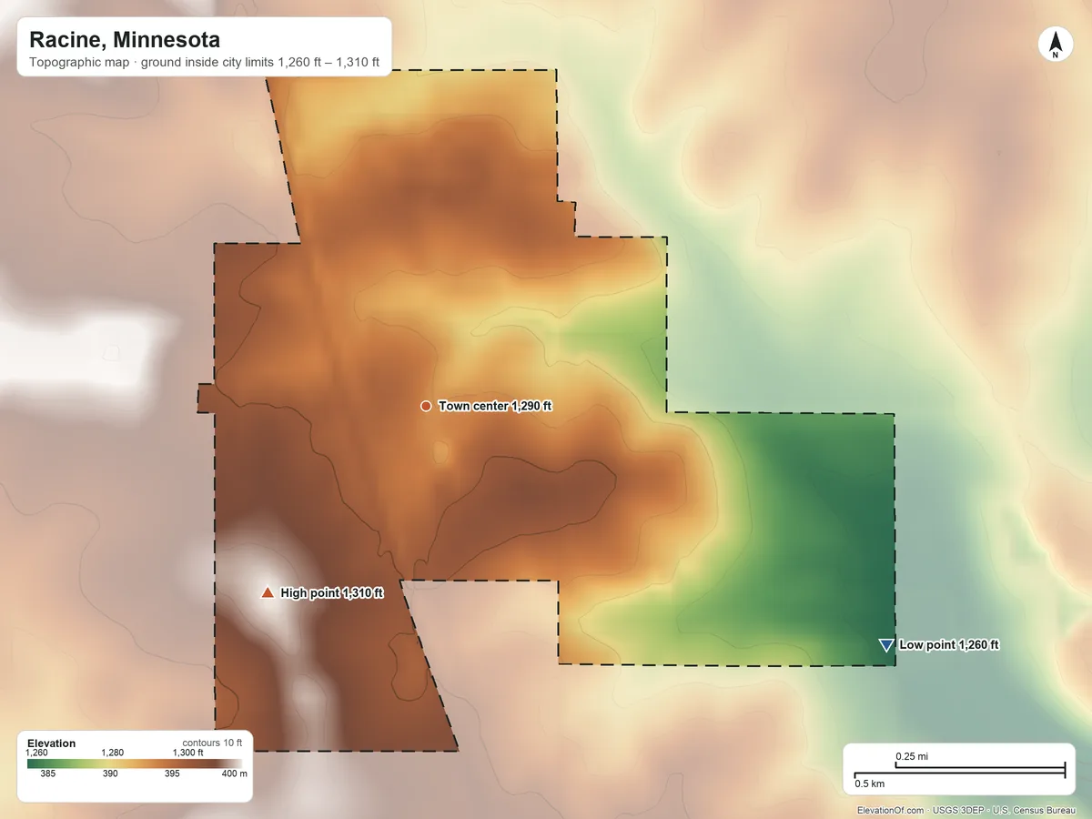 Topographic elevation map of Racine, Minnesota, shaded from 1,260 ft on the southeast side to 1,310 ft on the southwest side