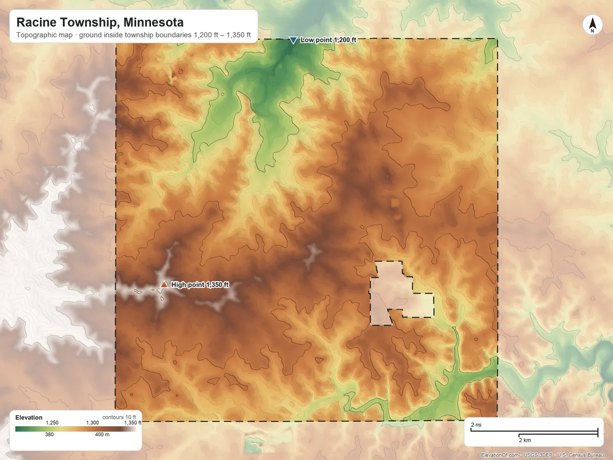 Topographic elevation map of Racine Township, Minnesota, shaded from 1,200 ft on the north side to 1,350 ft on the west side