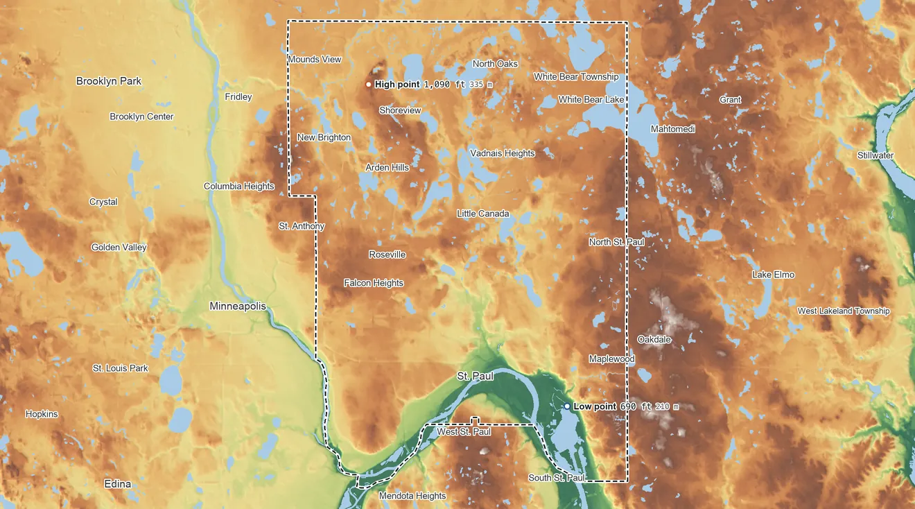 Topographic elevation map of Ramsey County, Minnesota, shaded from 690 ft on the southeast side to 1,090 ft on the northwest side