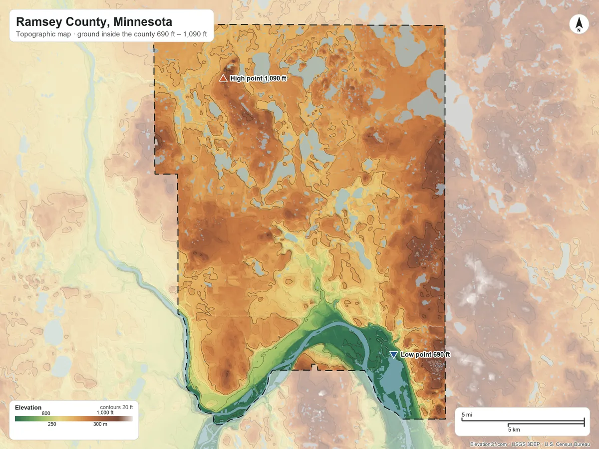 Topographic elevation map of Ramsey County, Minnesota, shaded from 690 ft on the southeast side to 1,090 ft on the northwest side