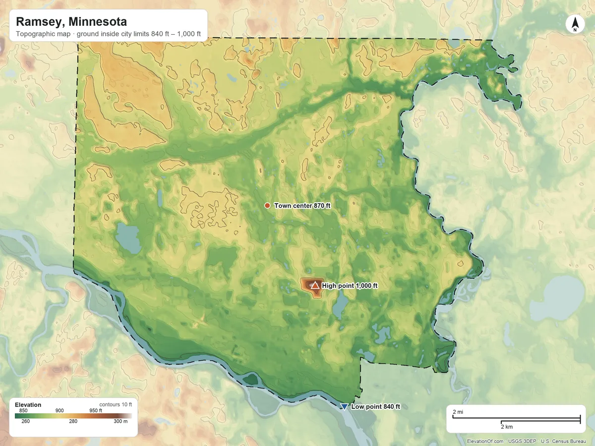 Topographic elevation map of Ramsey, Minnesota, shaded from 840 ft on the south side to 1,000 ft on the southeast side