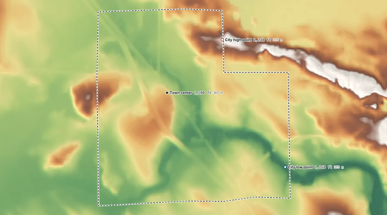 Topographic elevation map of Randall, Minnesota, shaded from 1,160 ft on the southeast side to 1,240 ft on the northeast side