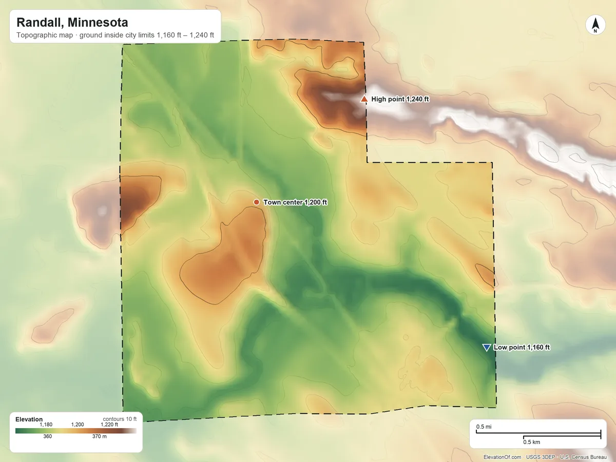 Topographic elevation map of Randall, Minnesota, shaded from 1,160 ft on the southeast side to 1,240 ft on the northeast side