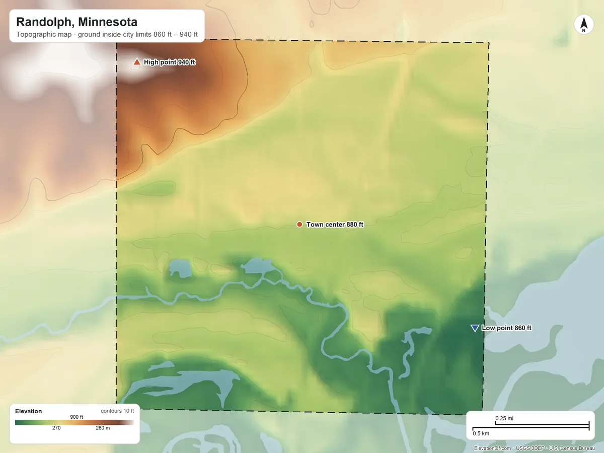 Topographic elevation map of Randolph, Minnesota, shaded from 860 ft on the southeast side to 940 ft on the northwest side