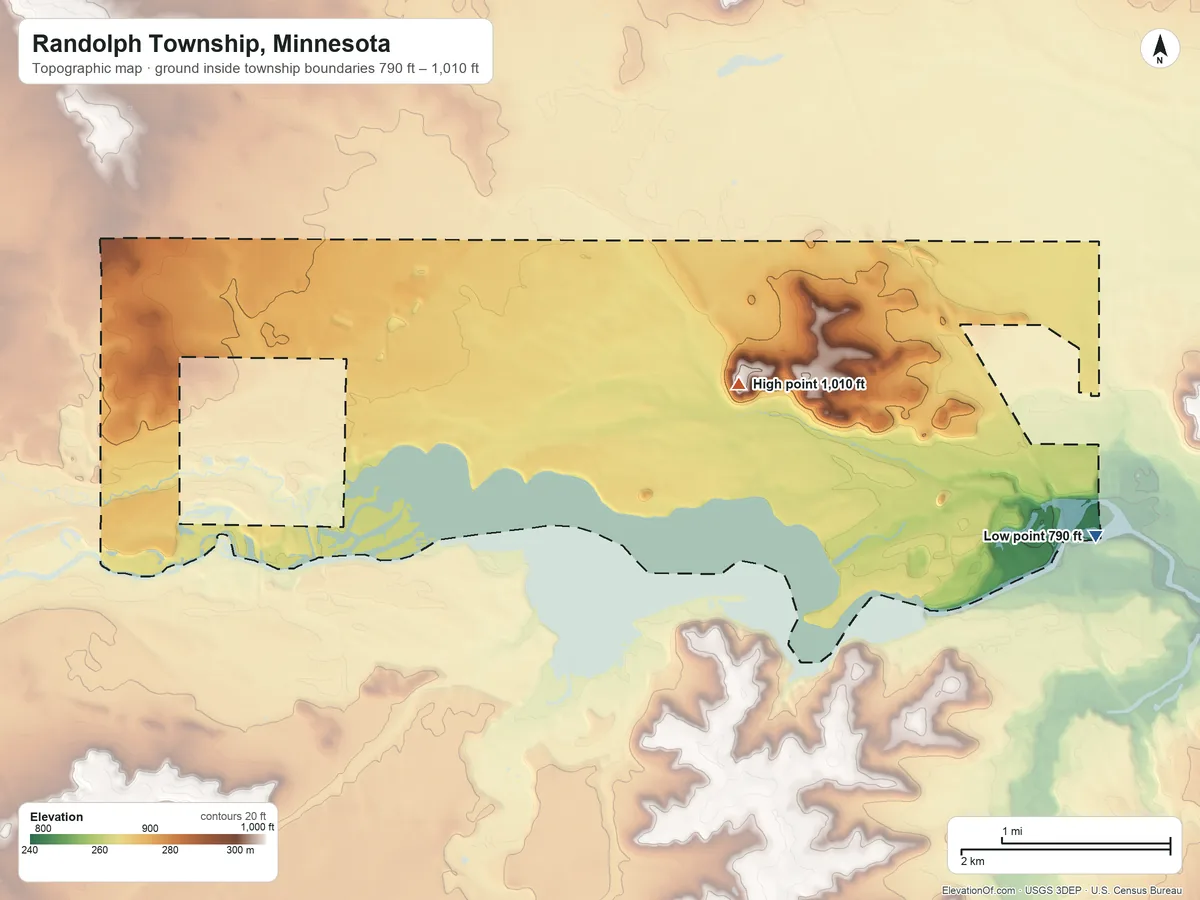 Topographic elevation map of Randolph Township, Minnesota, shaded from 790 ft on the east side to 1,010 ft near the middle