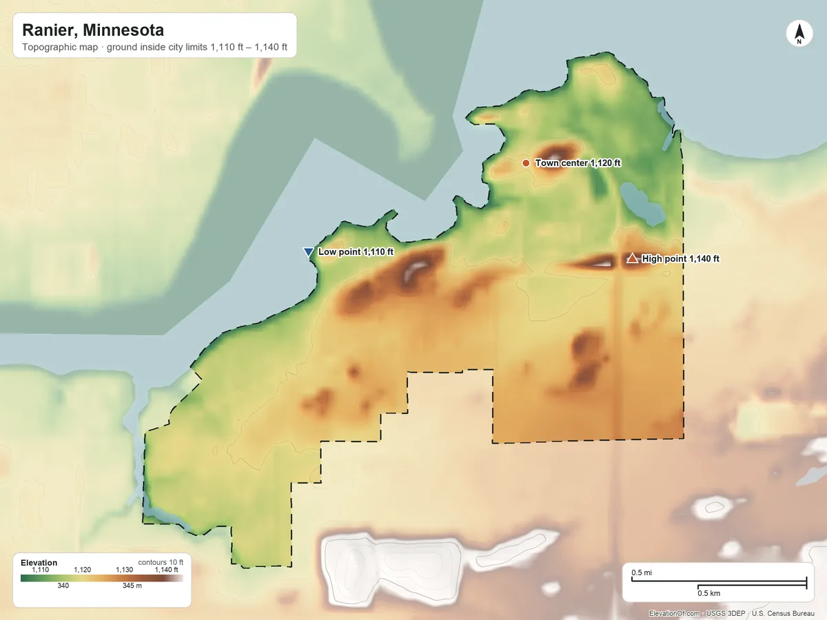 Topographic elevation map of Ranier, Minnesota, shaded from 1,110 ft on the west side to 1,140 ft on the southeast side