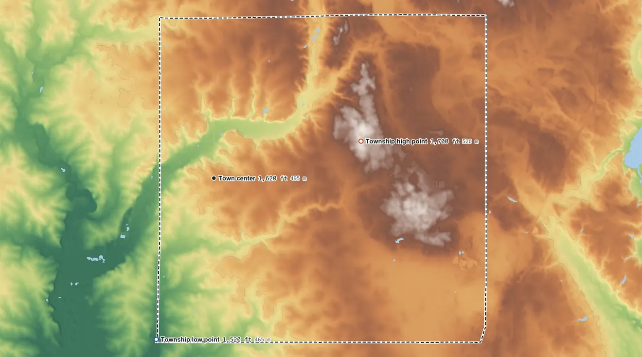 Topographic elevation map of Ransom Township, Minnesota, shaded from 1,520 ft on the south side to 1,700 ft on the east side