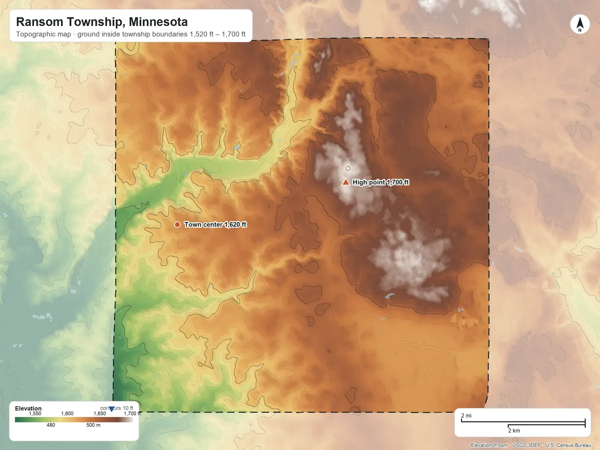 Topographic elevation map of Ransom Township, Minnesota, shaded from 1,520 ft on the south side to 1,700 ft on the east side
