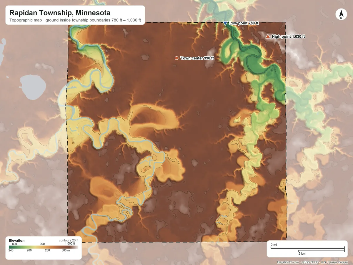 Topographic elevation map of Rapidan Township, Minnesota, shaded from 780 ft on the northeast side to 1,030 ft on the east side