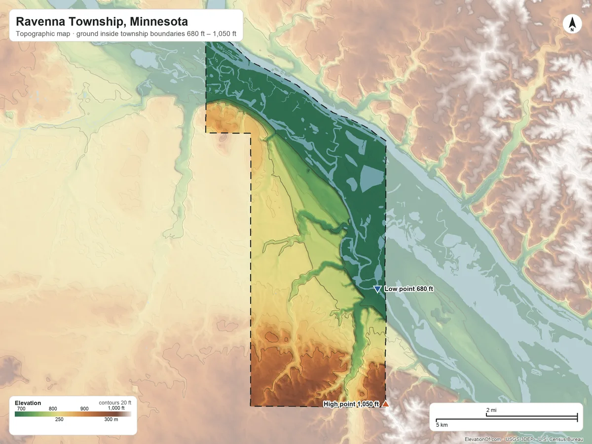 Topographic elevation map of Ravenna Township, Minnesota, shaded from 680 ft on the east side to 1,050 ft on the southeast side