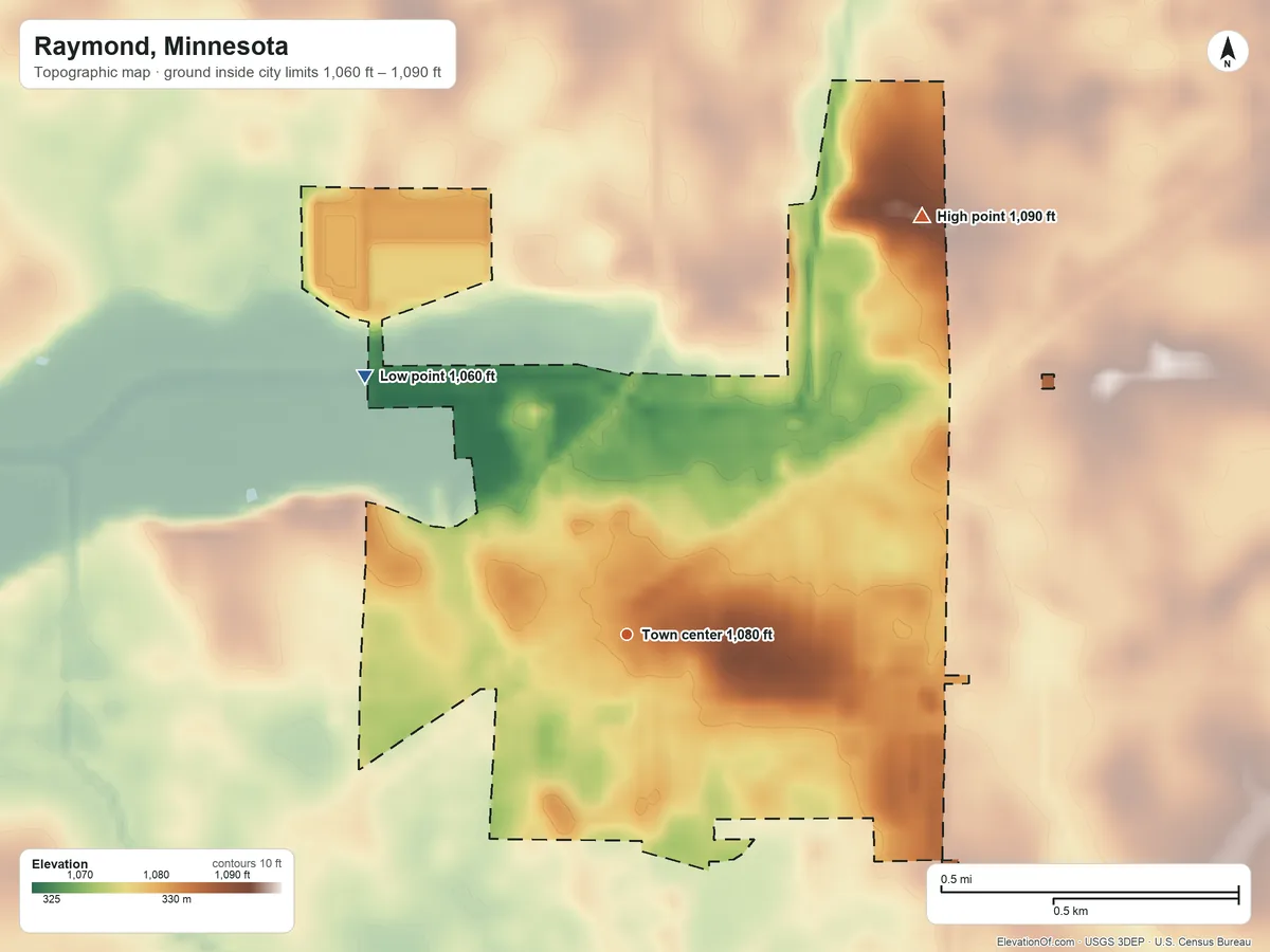 Topographic elevation map of Raymond, Minnesota, shaded from 1,060 ft on the northwest side to 1,090 ft on the northeast side