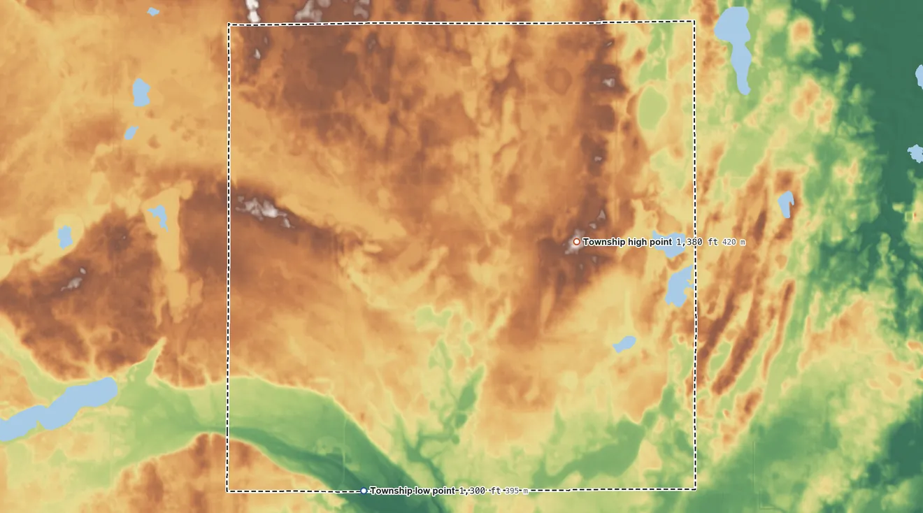 Topographic elevation map of Raymond Township, Minnesota, shaded from 1,300 ft on the southwest side to 1,380 ft on the east side