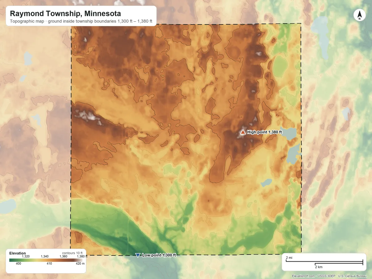 Topographic elevation map of Raymond Township, Minnesota, shaded from 1,300 ft on the southwest side to 1,380 ft on the east side