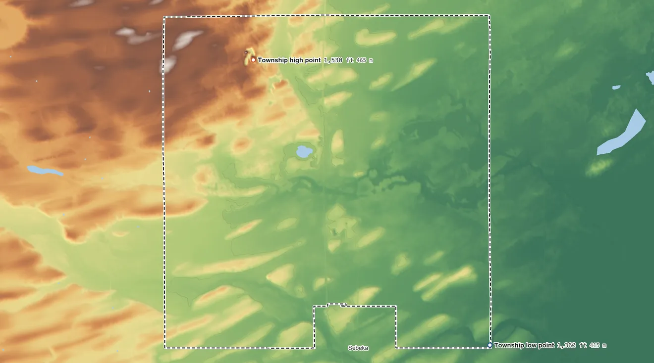 Topographic elevation map of Red Eye Township, Minnesota, shaded from 1,360 ft on the southeast side to 1,530 ft on the northwest side