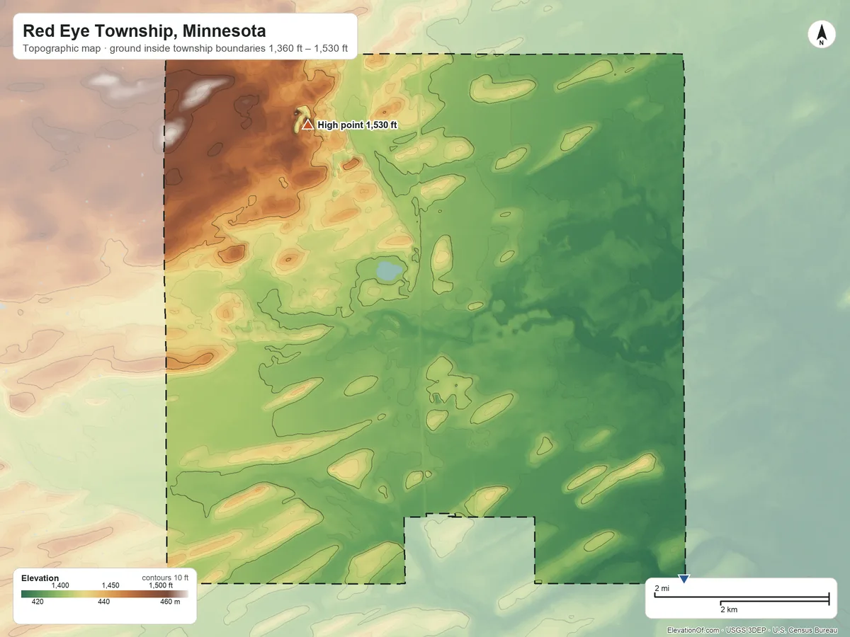 Topographic elevation map of Red Eye Township, Minnesota, shaded from 1,360 ft on the southeast side to 1,530 ft on the northwest side