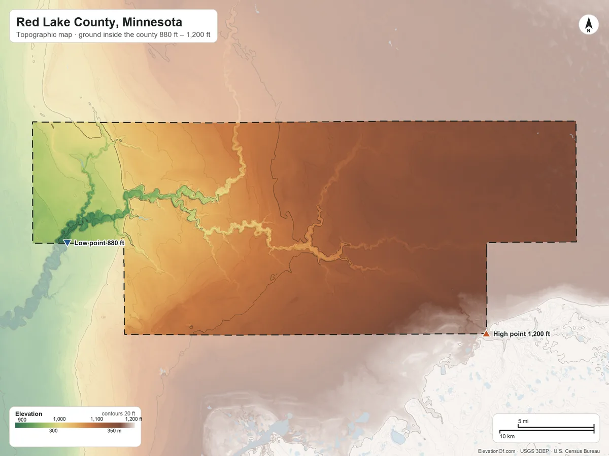 Topographic elevation map of Red Lake County, Minnesota, shaded from 880 ft on the west side to 1,200 ft on the southeast side