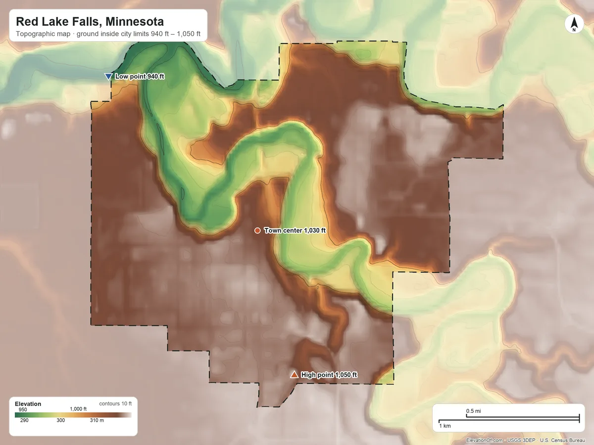 Topographic elevation map of Red Lake Falls, Minnesota, shaded from 940 ft on the northwest side to 1,050 ft on the south side