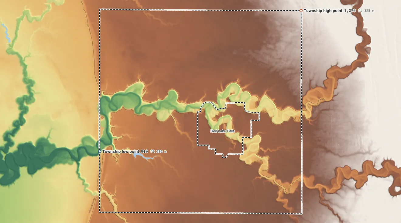 Topographic elevation map of Red Lake Falls Township, Minnesota, shaded from 910 ft on the west side to 1,070 ft on the northeast side