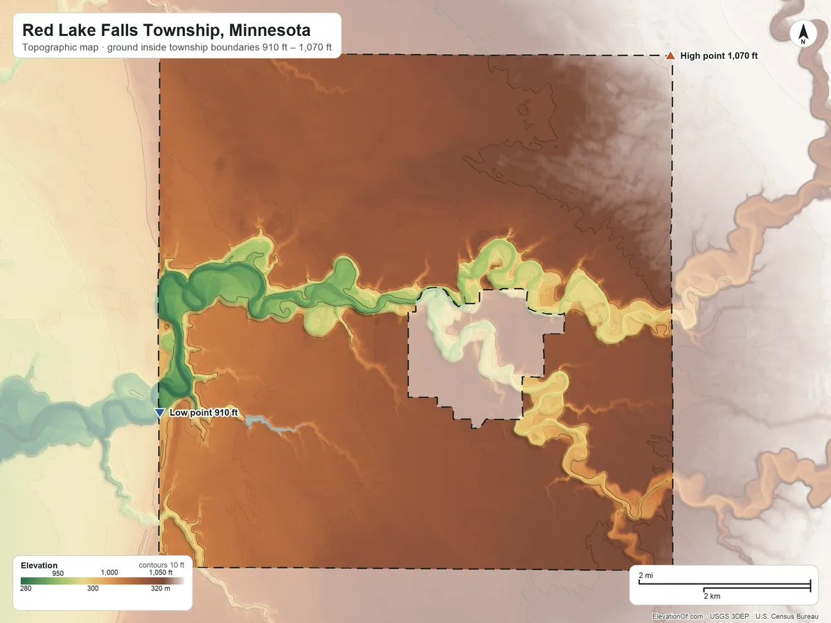 Topographic elevation map of Red Lake Falls Township, Minnesota, shaded from 910 ft on the west side to 1,070 ft on the northeast side