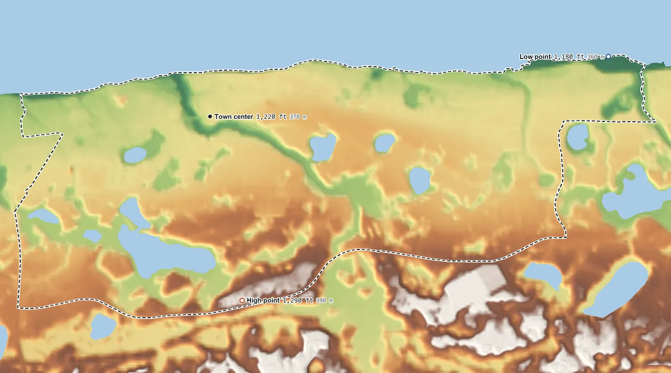 Topographic elevation map of Red Lake, Minnesota, shaded from 1,180 ft on the east side to 1,290 ft on the south side
