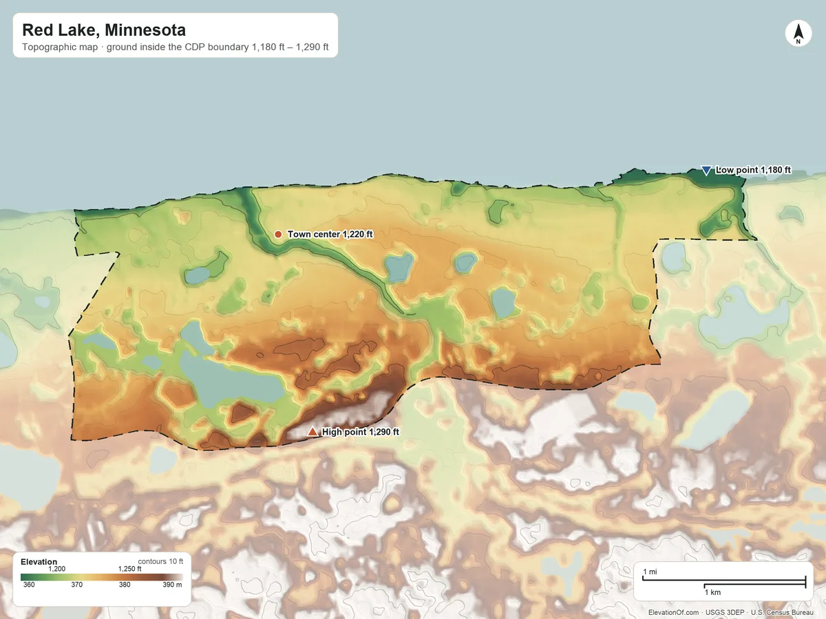 Topographic elevation map of Red Lake, Minnesota, shaded from 1,180 ft on the east side to 1,290 ft on the south side