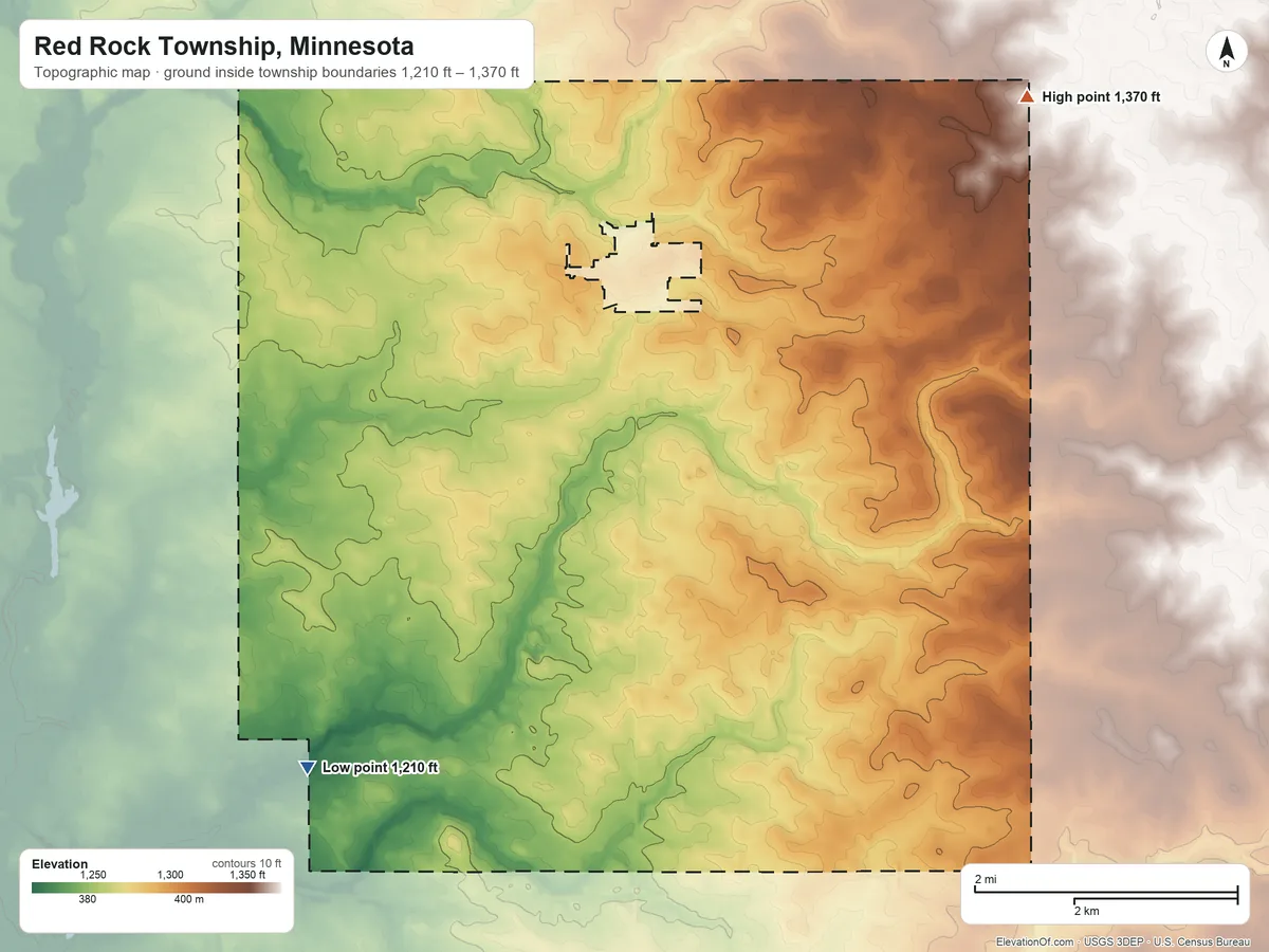 Topographic elevation map of Red Rock Township, Minnesota, shaded from 1,210 ft on the southwest side to 1,370 ft on the northeast side