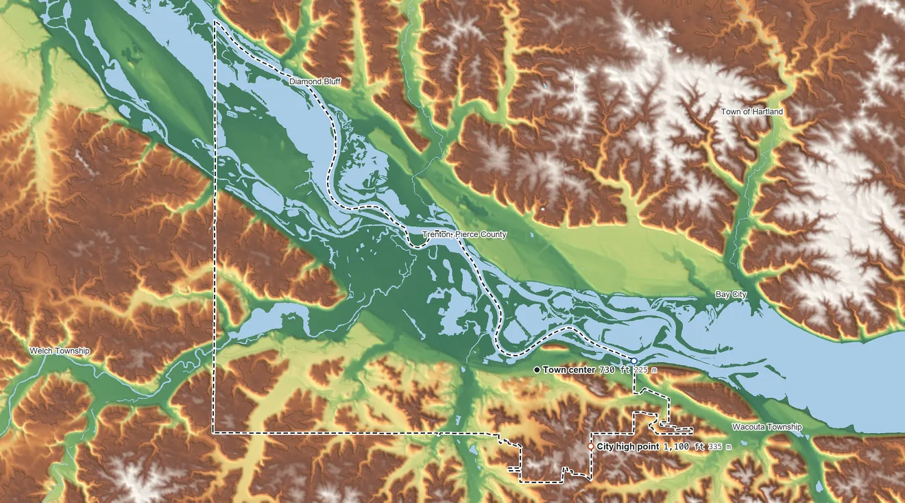 Topographic elevation map of Red Wing, Minnesota, shaded from 670 ft on the east side to 1,100 ft on the southeast side