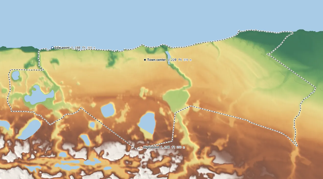 Topographic elevation map of Redby, Minnesota, shaded from 1,180 ft on the west side to 1,290 ft on the south side