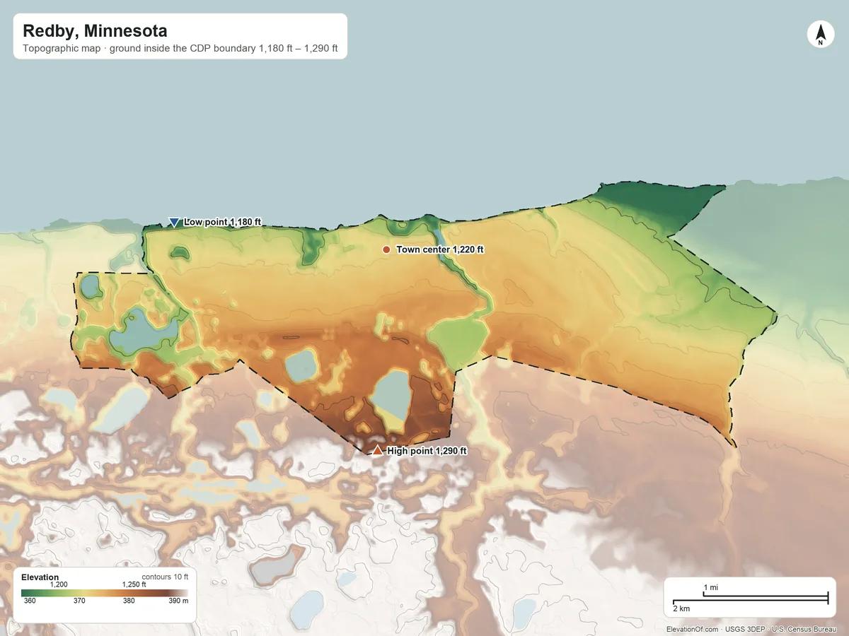 Topographic elevation map of Redby, Minnesota, shaded from 1,180 ft on the west side to 1,290 ft on the south side