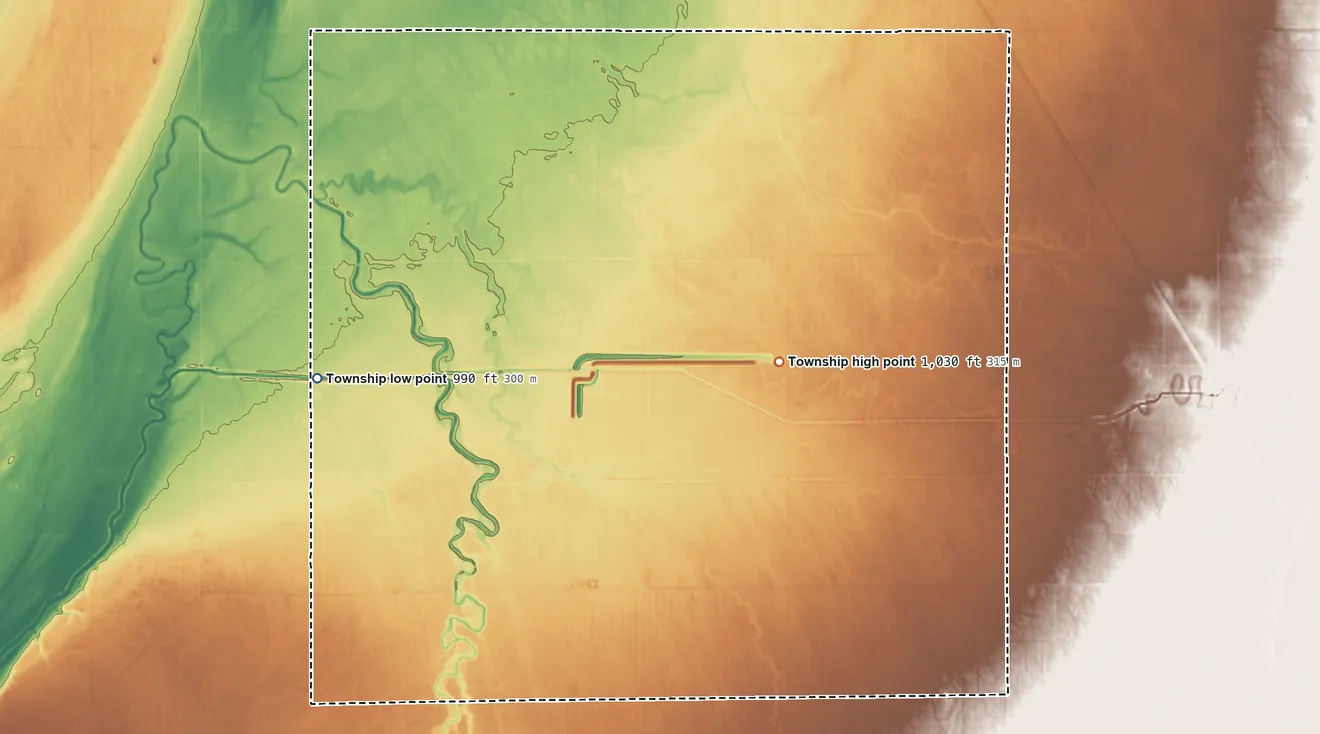 Topographic elevation map of Redpath Township, Minnesota, shaded from 990 ft on the west side to 1,030 ft on the north side