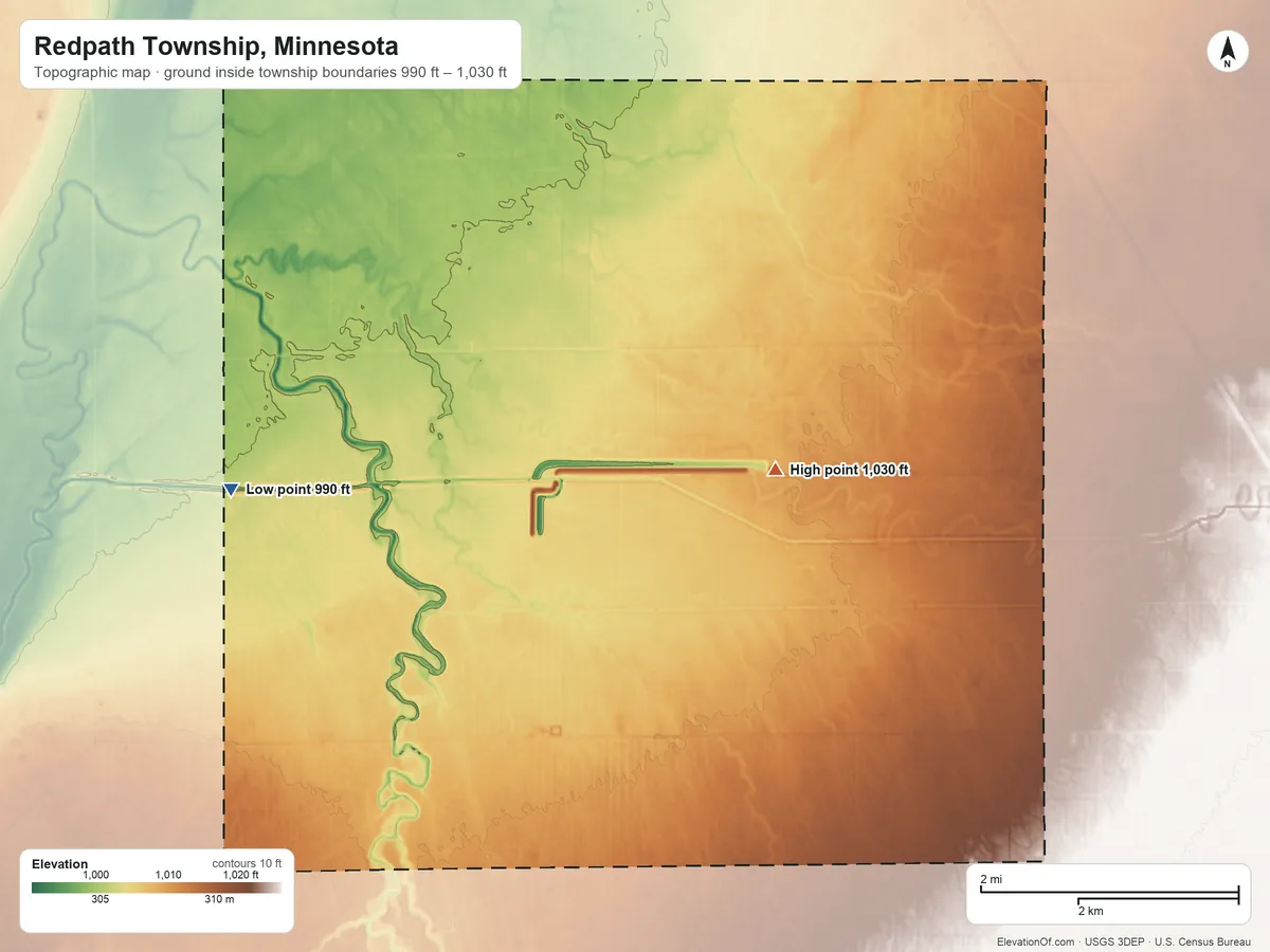 Topographic elevation map of Redpath Township, Minnesota, shaded from 990 ft on the west side to 1,030 ft on the north side