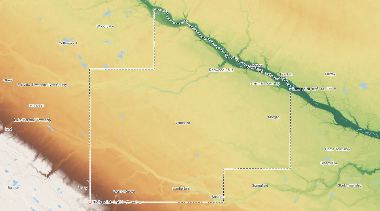 Topographic elevation map of Redwood County, Minnesota, shaded from 820 ft on the east side to 1,450 ft on the southwest side