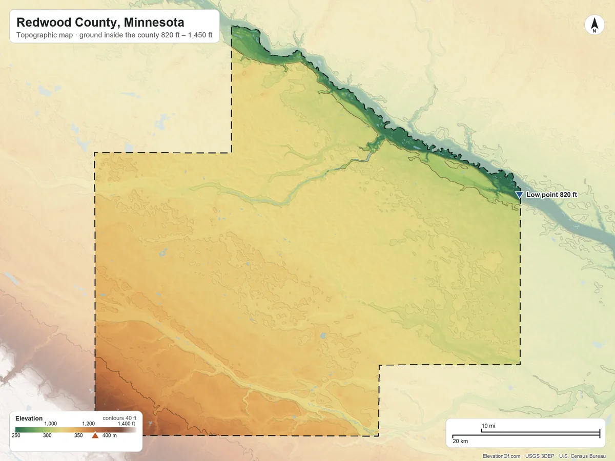 Topographic elevation map of Redwood County, Minnesota, shaded from 820 ft on the east side to 1,450 ft on the southwest side
