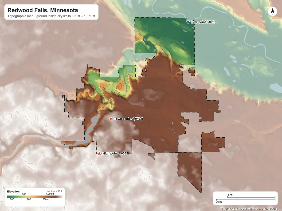 Topographic elevation map of Redwood Falls, Minnesota, shaded from 830 ft on the northeast side to 1,050 ft on the south side