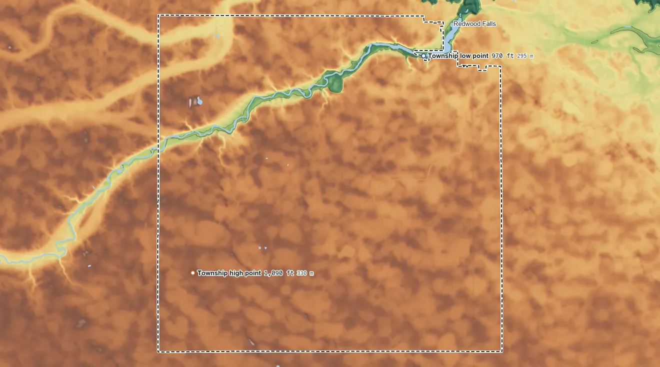 Topographic elevation map of Redwood Falls Township, Minnesota, shaded from 970 ft on the northeast side to 1,090 ft on the southwest side