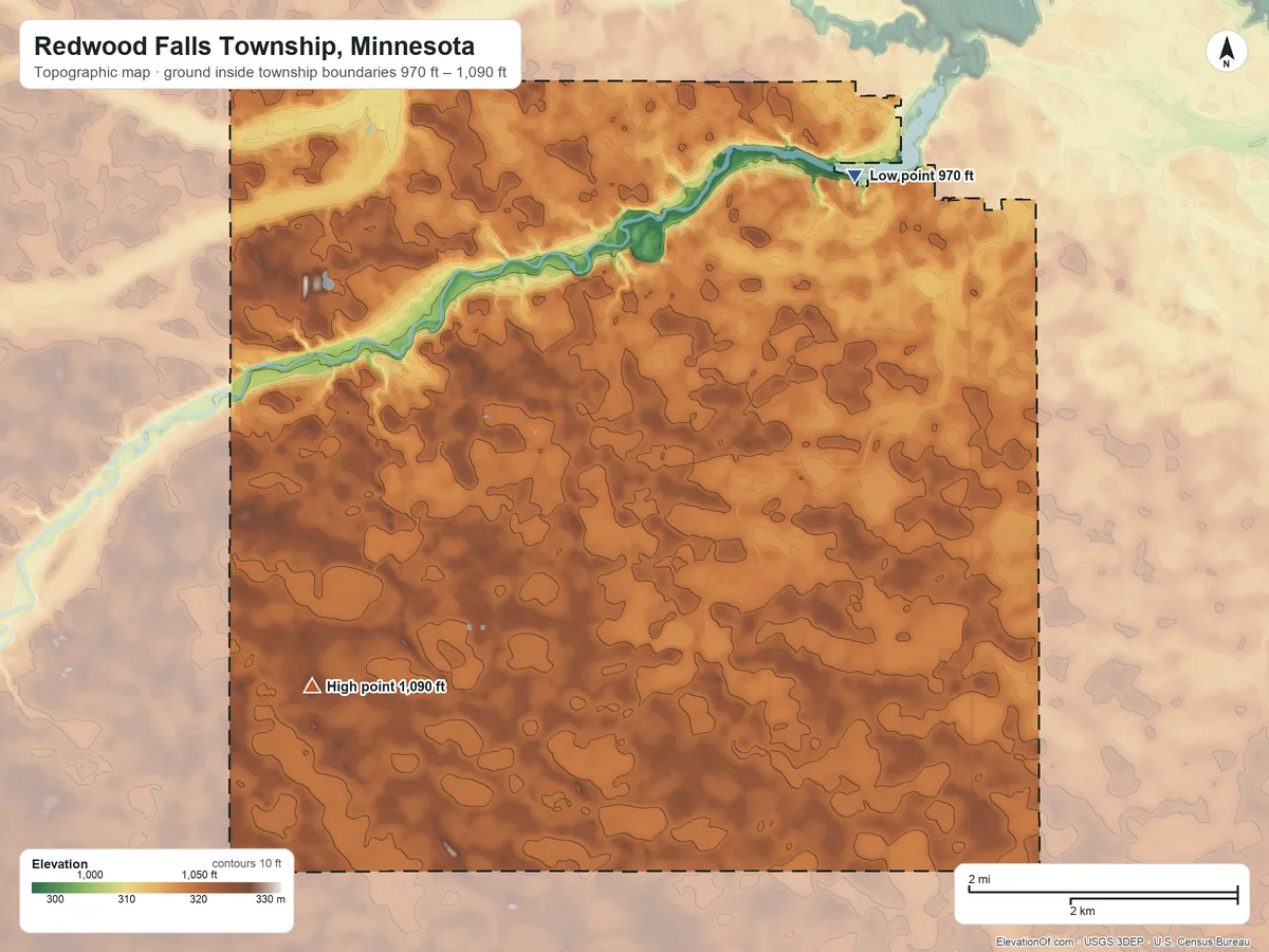 Topographic elevation map of Redwood Falls Township, Minnesota, shaded from 970 ft on the northeast side to 1,090 ft on the southwest side