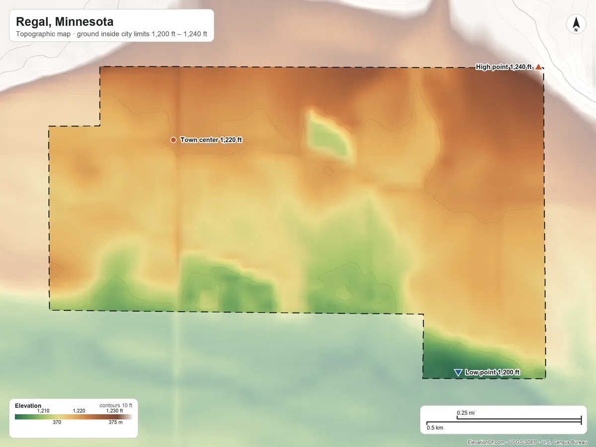 Topographic elevation map of Regal, Minnesota, shaded from 1,200 ft on the southeast side to 1,240 ft on the east side
