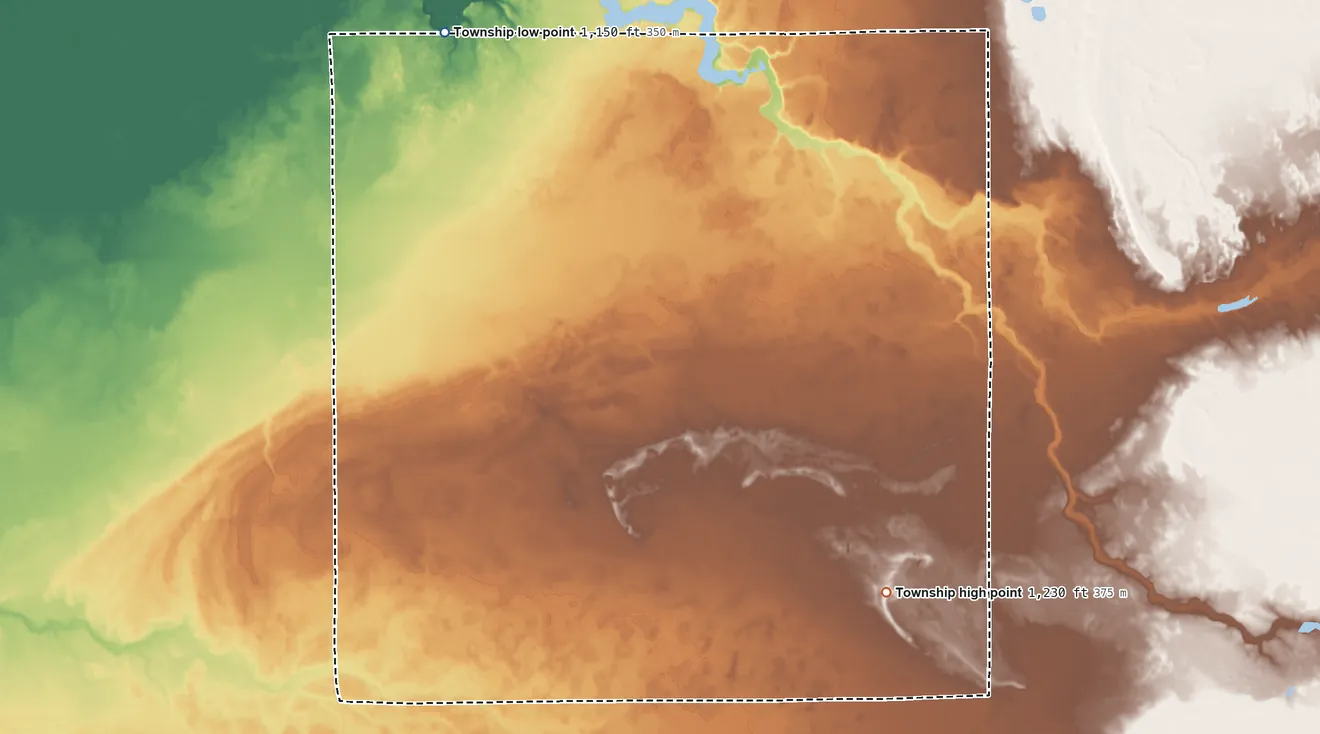 Topographic elevation map of Reine Township, Minnesota, shaded from 1,150 ft on the north side to 1,230 ft on the southeast side