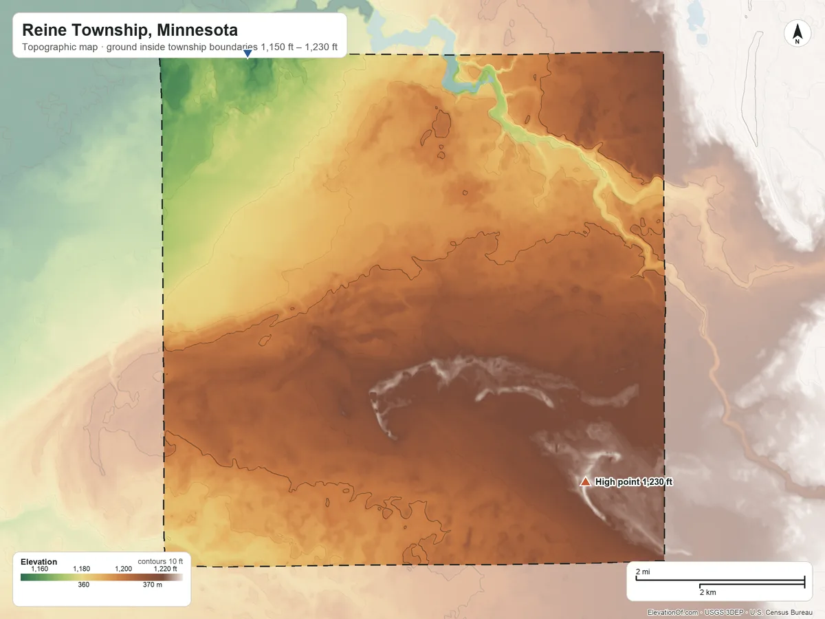 Topographic elevation map of Reine Township, Minnesota, shaded from 1,150 ft on the north side to 1,230 ft on the southeast side