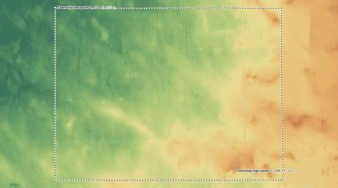 Topographic elevation map of Reiner Township, Minnesota, shaded from 1,170 ft on the northwest side to 1,190 ft on the east side