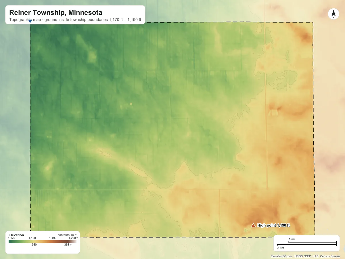 Topographic elevation map of Reiner Township, Minnesota, shaded from 1,170 ft on the northwest side to 1,190 ft on the east side