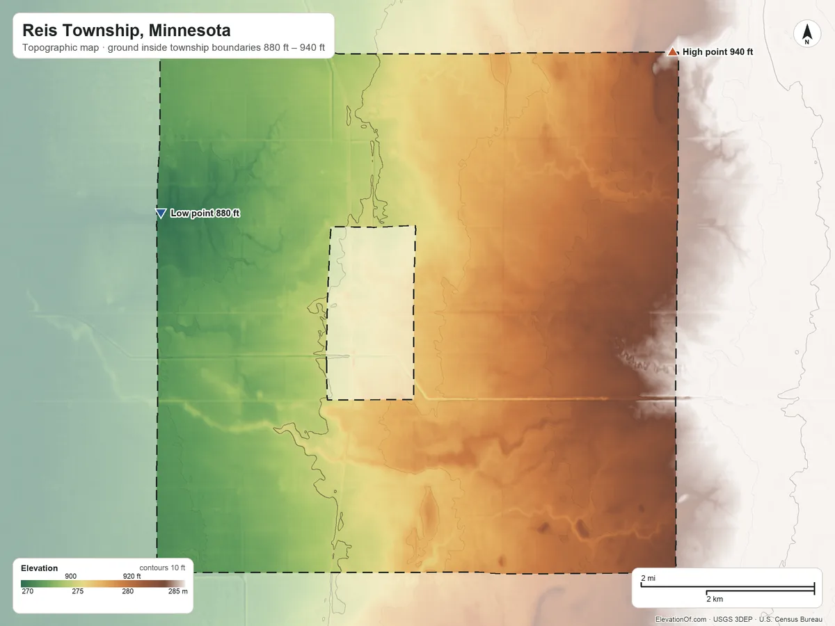 Topographic elevation map of Reis Township, Minnesota, shaded from 880 ft on the west side to 940 ft on the northeast side