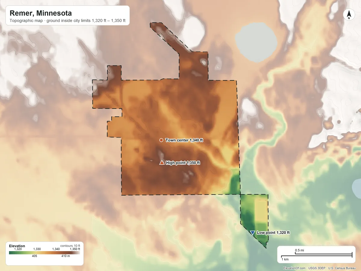 Topographic elevation map of Remer, Minnesota, shaded from 1,320 ft on the southeast side to 1,350 ft near the middle