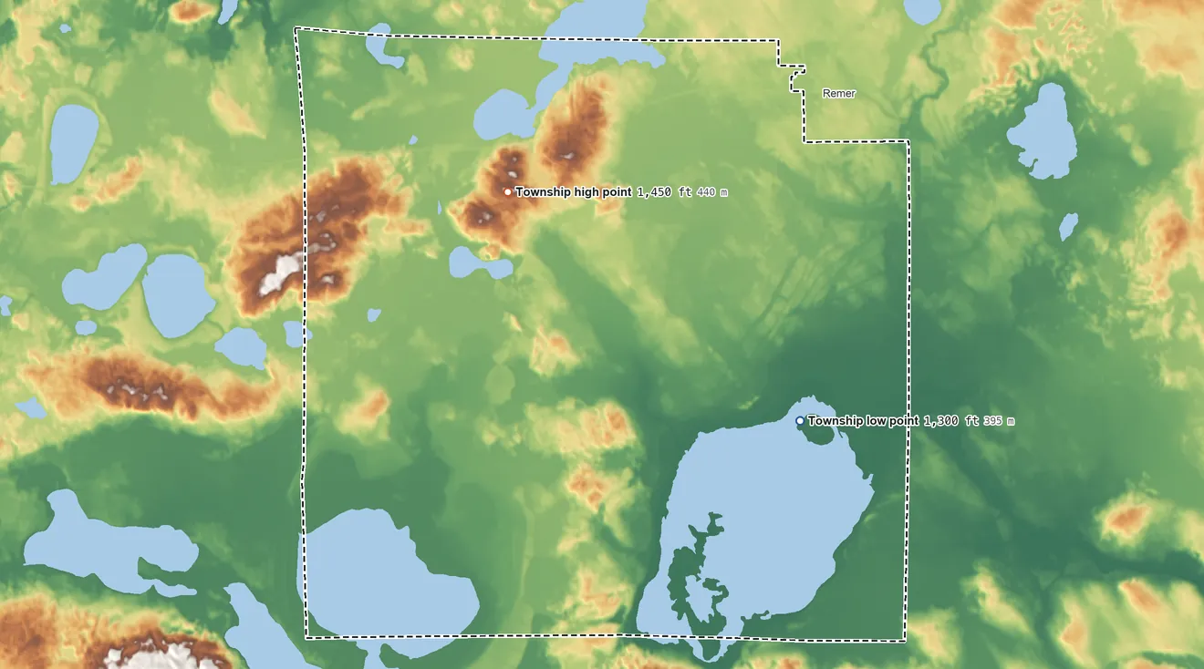 Topographic elevation map of Remer Township, Minnesota, shaded from 1,300 ft on the south side to 1,450 ft on the west side