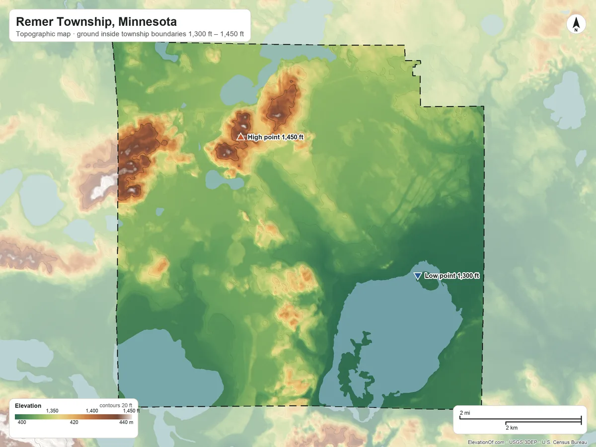 Topographic elevation map of Remer Township, Minnesota, shaded from 1,300 ft on the south side to 1,450 ft on the west side