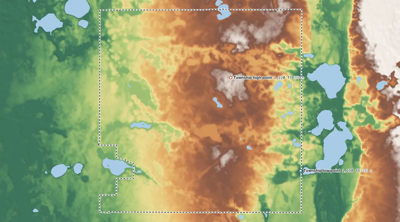 Topographic elevation map of Rendsville Township, Minnesota, shaded from 1,110 ft on the southeast side to 1,220 ft on the north side